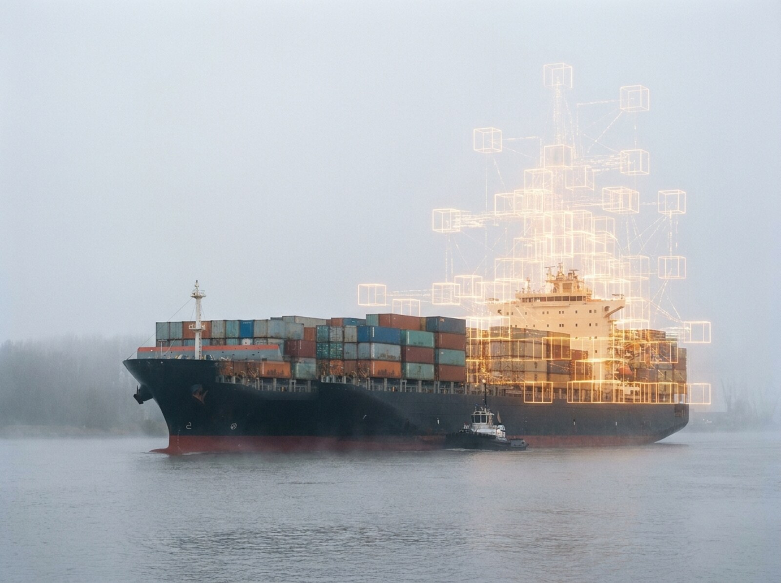 Ein großes Containerschiff im Morgennebel auf der Elbe; der hintere Teil der Ladung löst sich in ein leuchtendes Raster aus Würfeln und Datenlinien auf