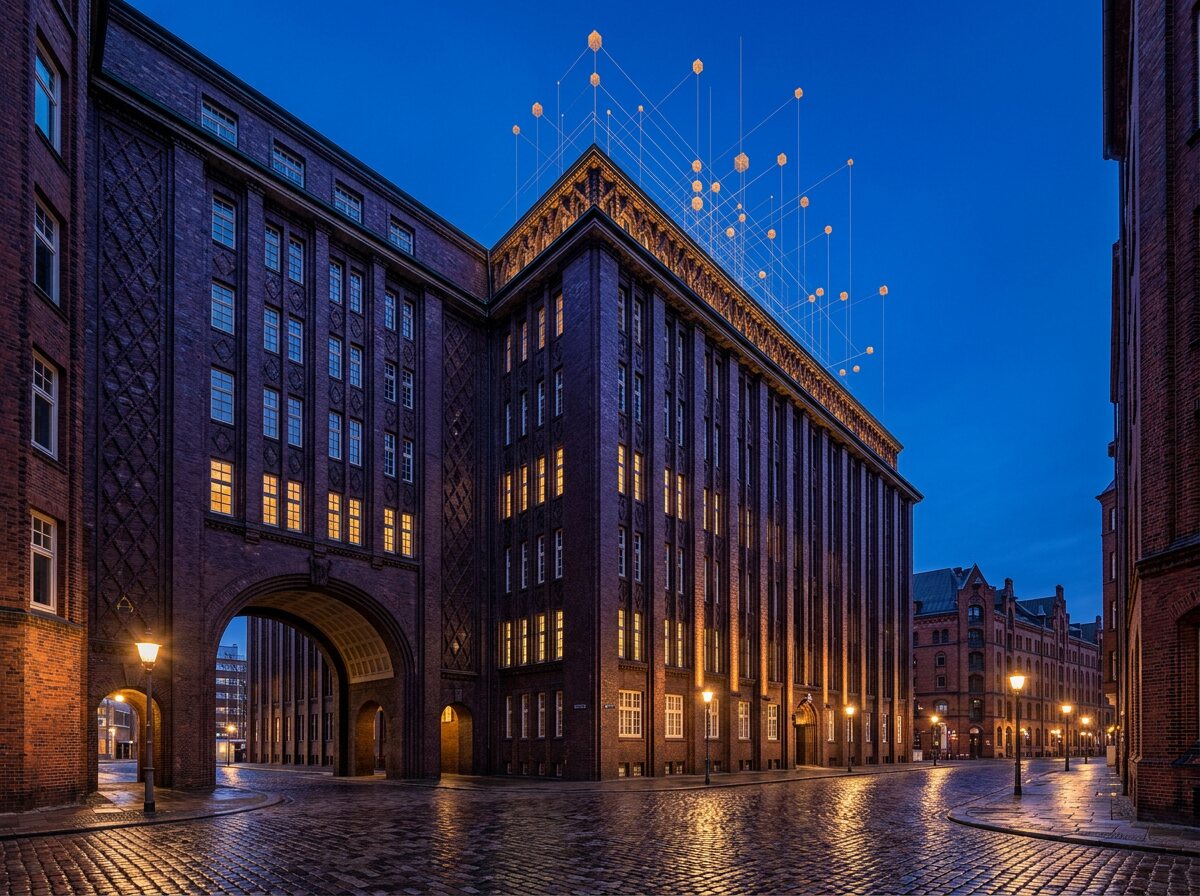 Ein Hamburger Kontorhaus in der Dämmerung; Teile der Backsteinfassade lösen sich in ein Raster leuchtender Würfel und Datenlinien auf